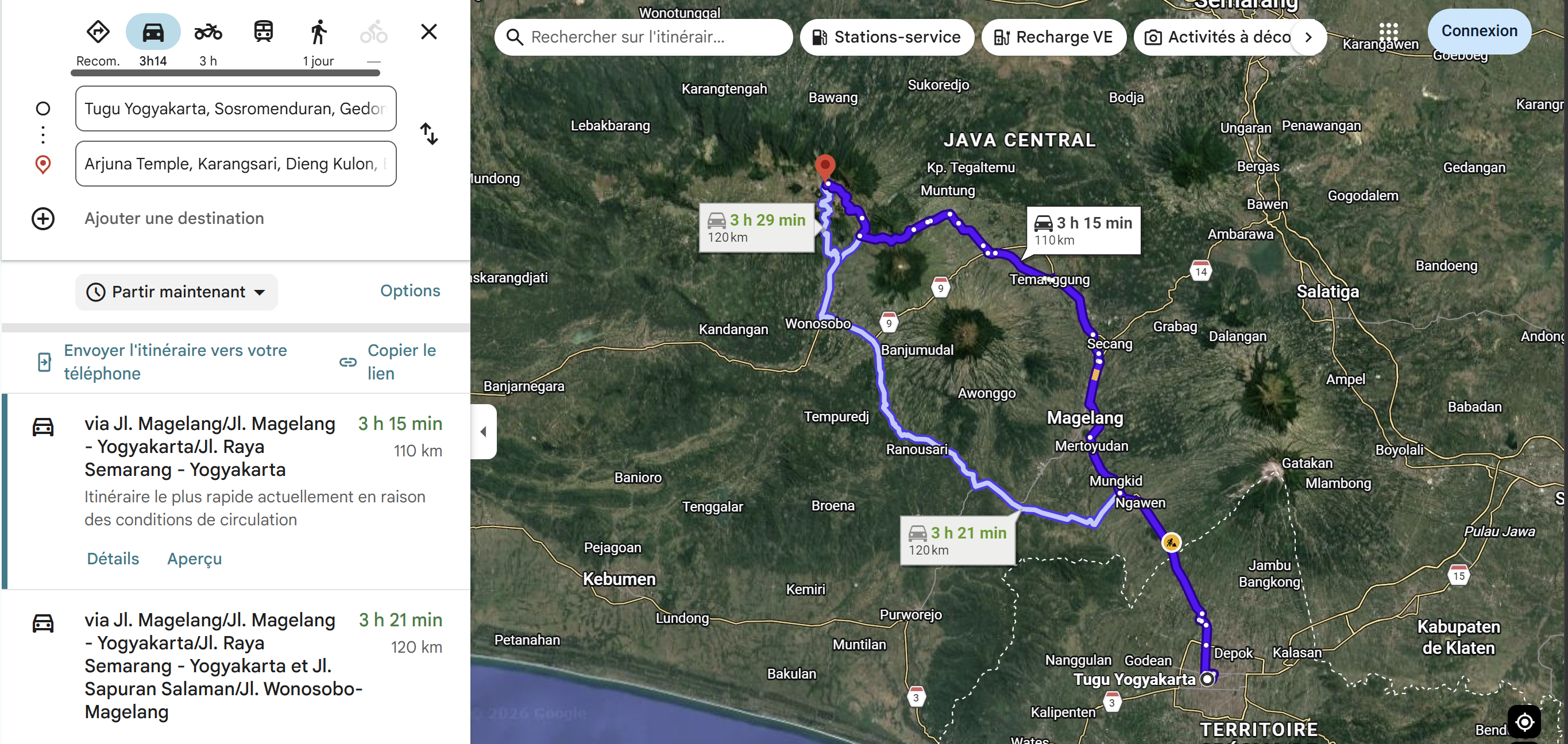 Itinéraire Google Maps en voiture depuis la gare de Tugu Yogyakarta jusqu'à Candi Arjuna, 110 à 120 km, 3 h 14 à 3 h 21 selon trafic, via Jl. Magelang.