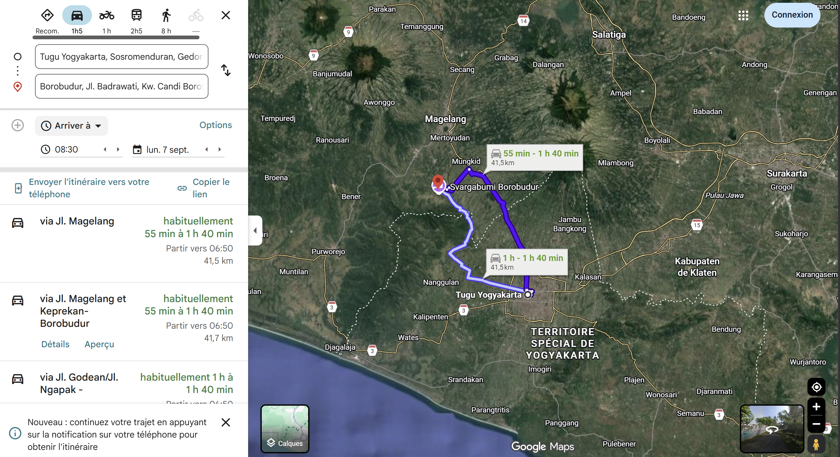 Itinéraire Google Maps en voiture depuis la gare de Tugu Yogyakarta jusqu'à Borobudur, 41,5 km, 55 min à 1 h 40 selon trafic, via Jl. Magelang.