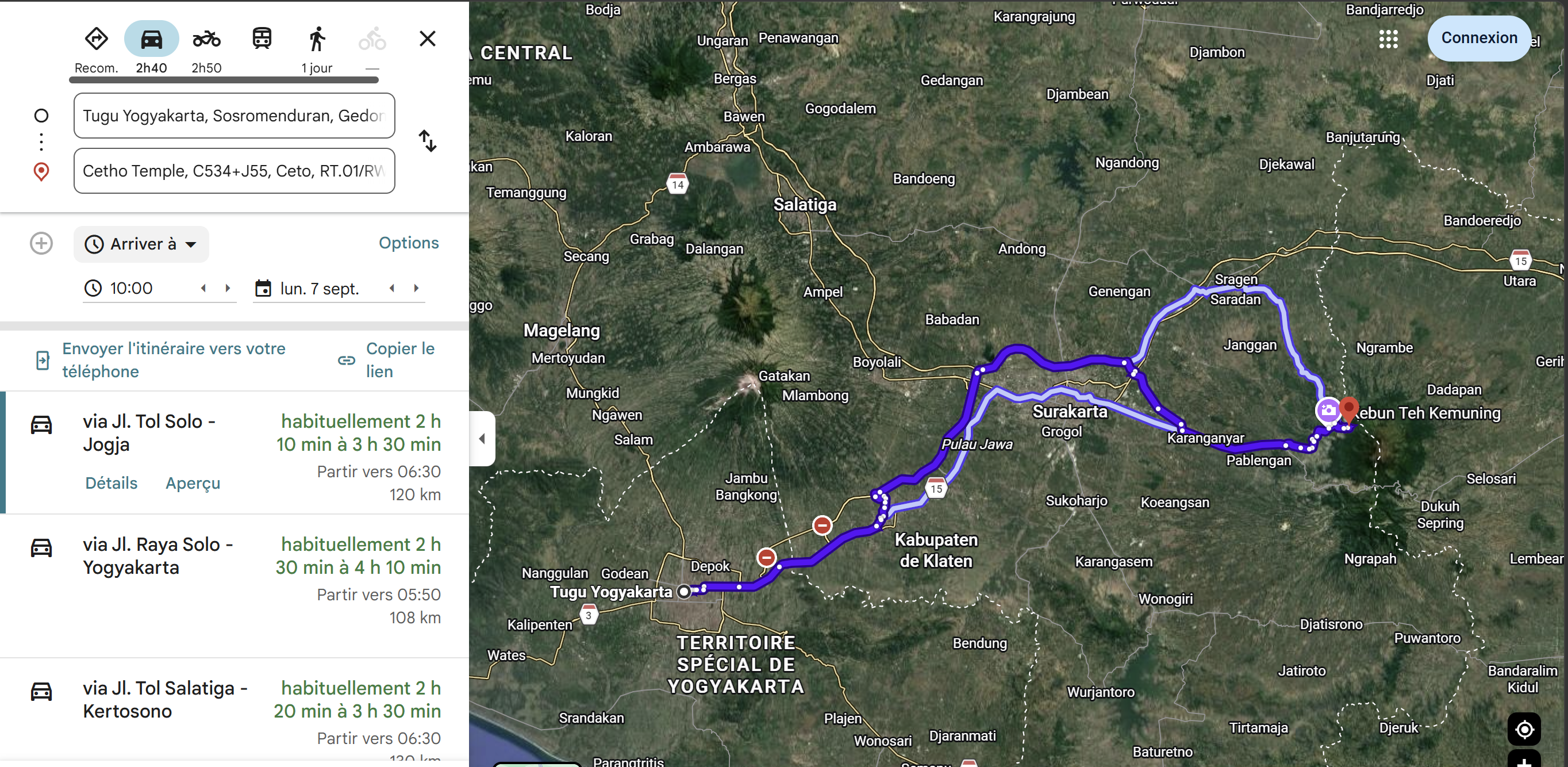 Itinéraire Google Maps en voiture depuis la gare de Tugu Yogyakarta jusqu'à Candi Cetho, 108 à 130 km, 2 h 10 à 3 h 30 selon trafic, via l'autoroute Tol Solo-Jogja.