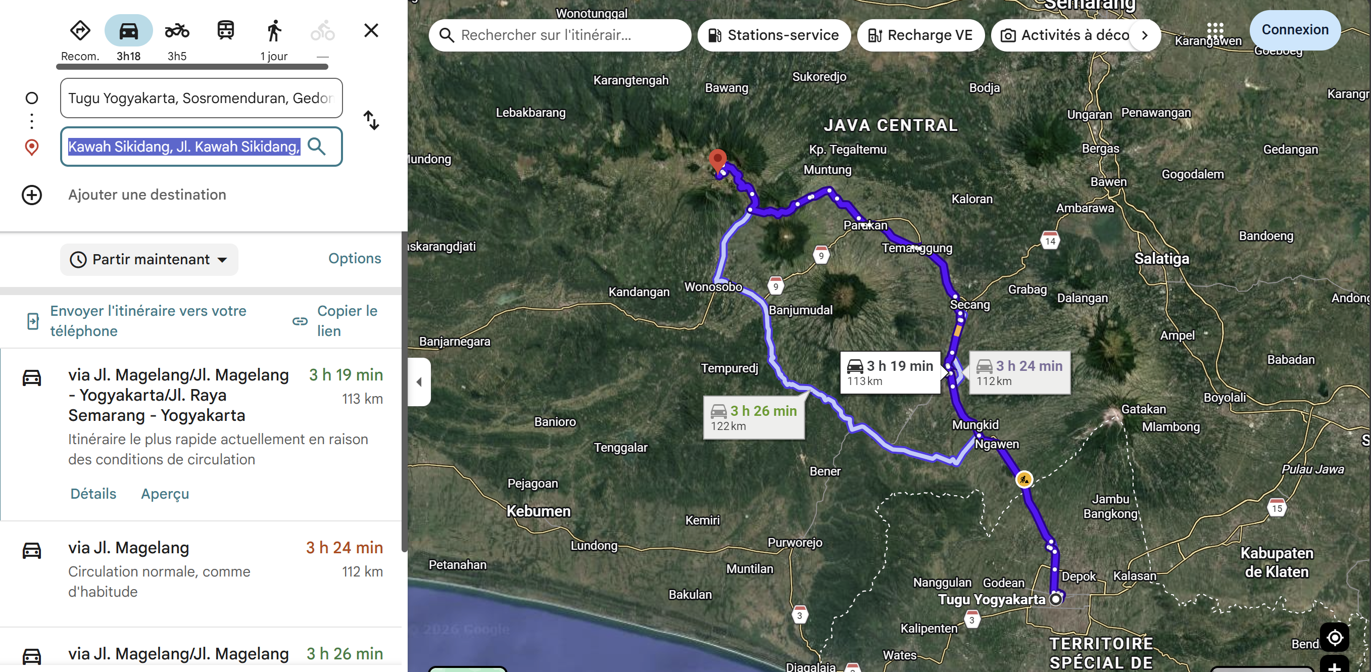 Itinéraire Google Maps en voiture depuis la gare de Tugu Yogyakarta jusqu'à Kawah Sikidang, 112 à 122 km, 3 h 18 à 3 h 26 selon trafic, via Jl. Magelang.