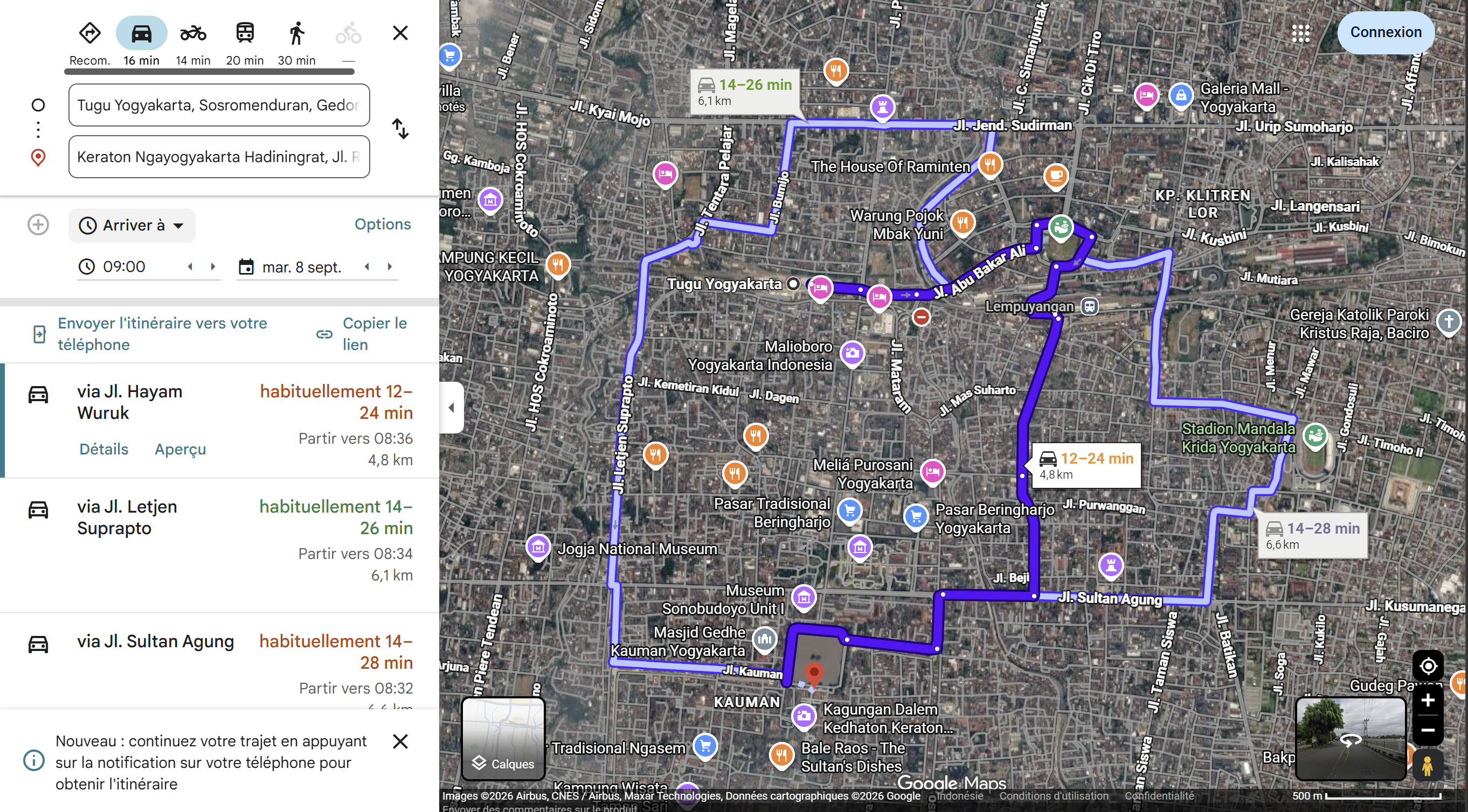 Itinéraire Google Maps en voiture depuis la gare de Tugu Yogyakarta jusqu'au Kraton, 4,8 km, 12 à 24 min selon trafic, via Jl. Hayam Wuruk.