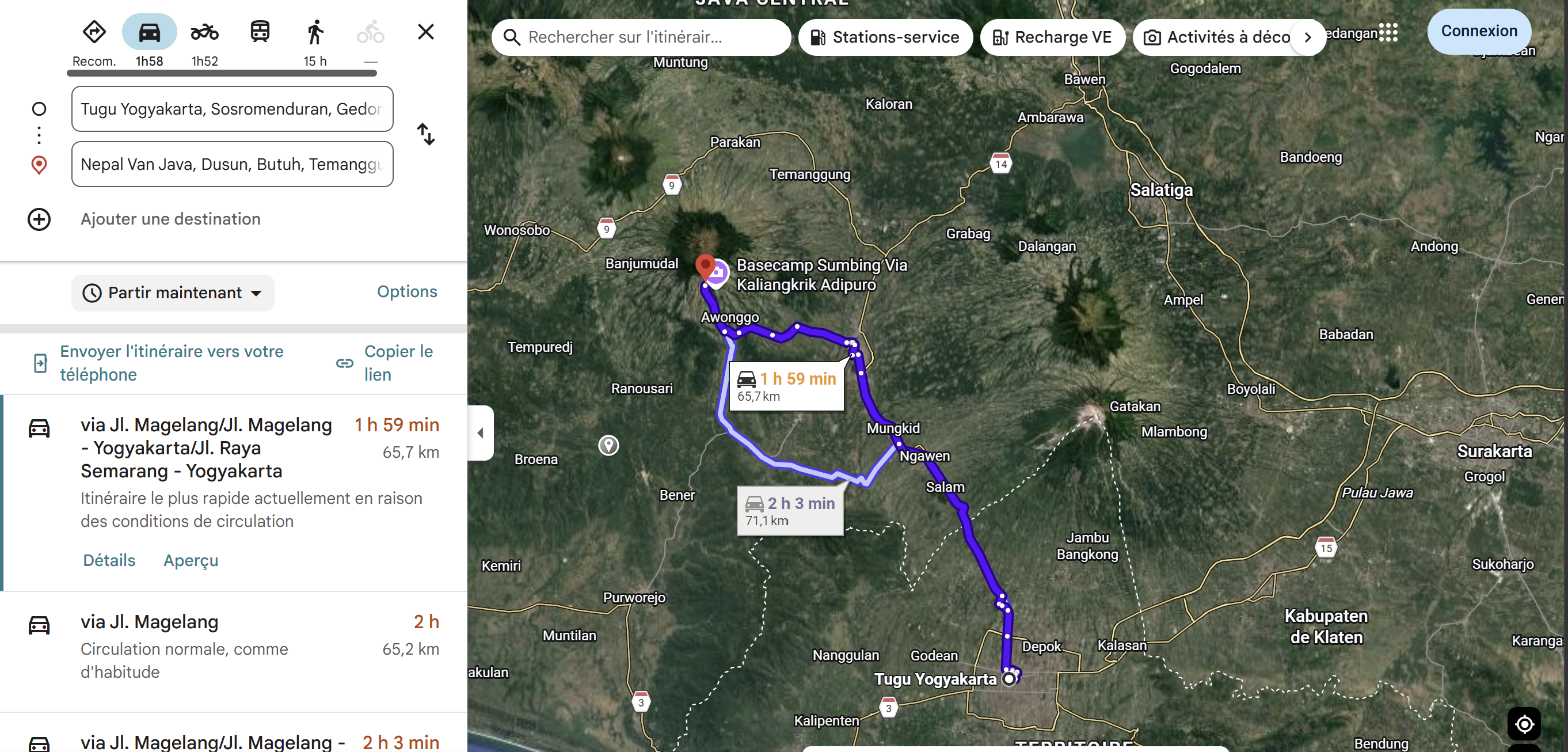 Itinéraire Google Maps en voiture depuis la gare de Tugu Yogyakarta jusqu'à Nepal Van Java, 65 à 71 km, 1 h 58 à 2 h 3 selon trafic, via Jl. Magelang.
