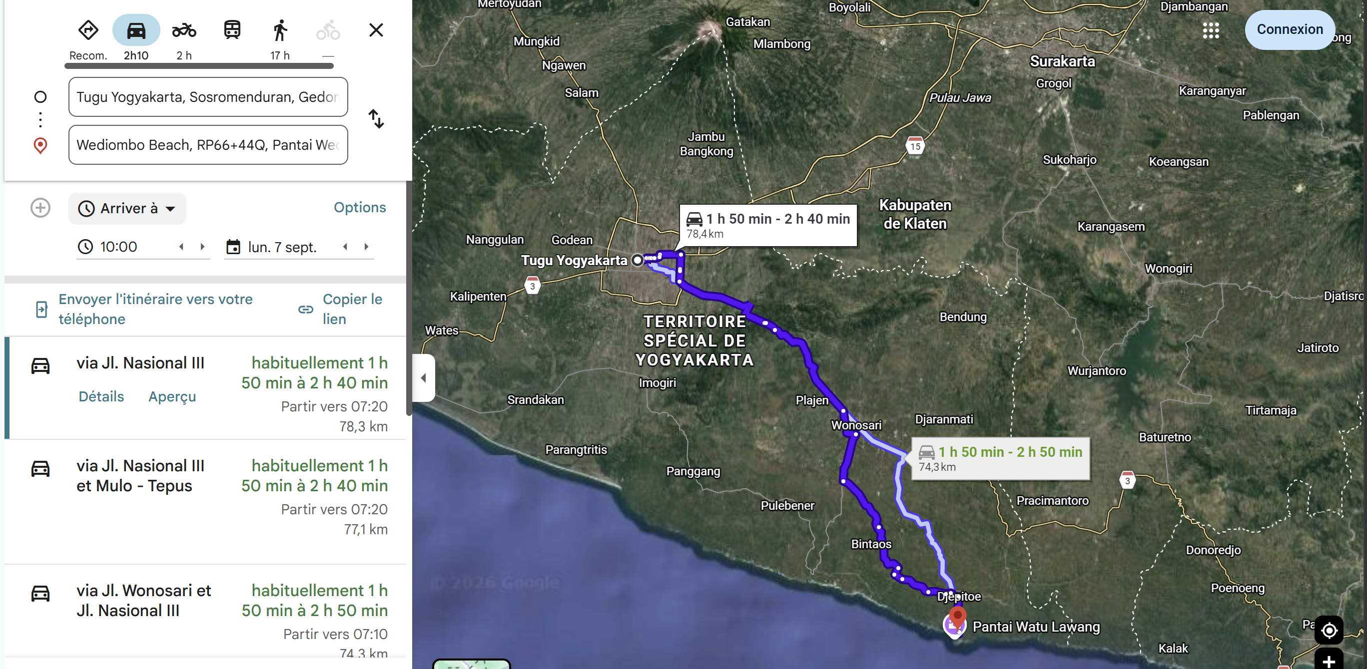 Itinéraire Google Maps en voiture depuis la gare de Tugu Yogyakarta jusqu'à Pantai Wediombo, 74,3 à 78,4 km, 1 h 50 à 2 h 50 selon trafic, via Jl. Nasional III.