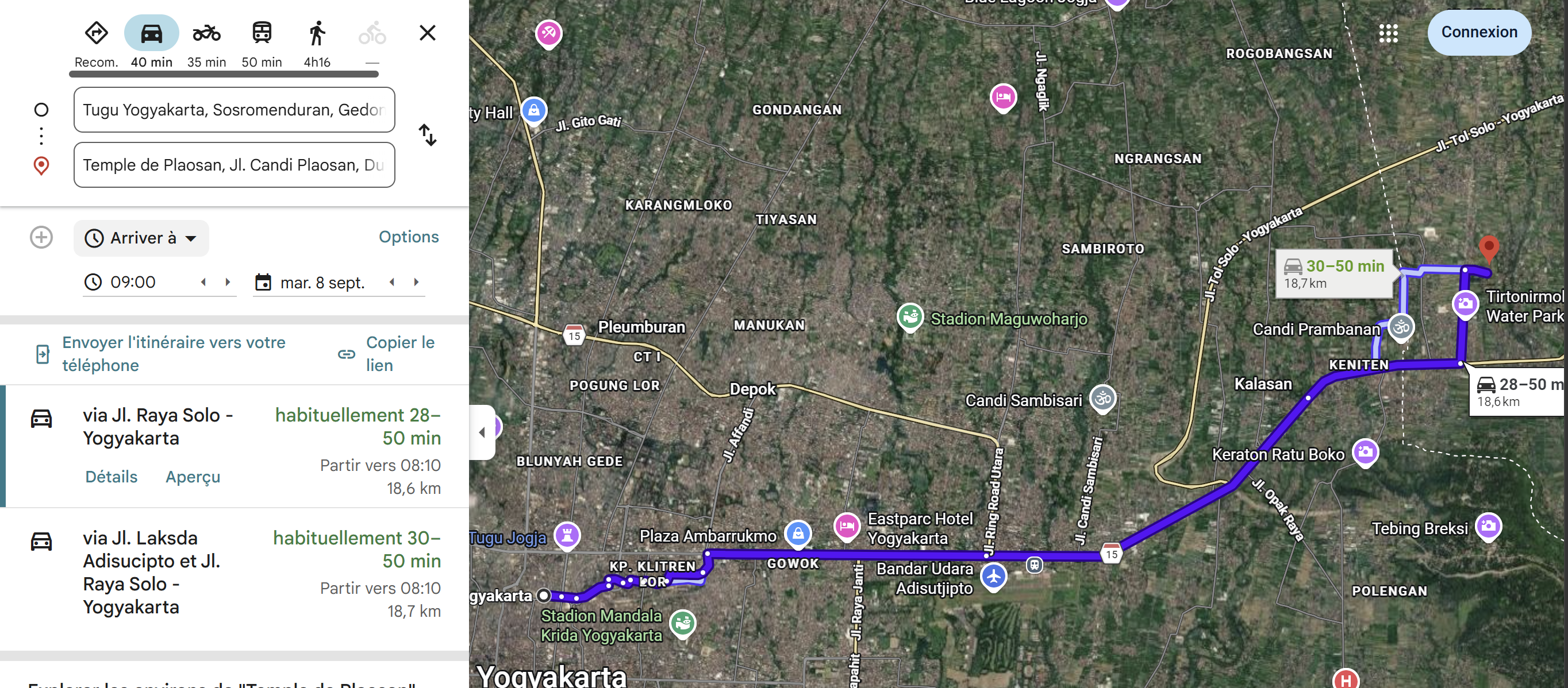 Itinéraire Google Maps en voiture depuis la gare de Tugu Yogyakarta jusqu'au temple de Plaosan, 18,6 km, 30 à 50 min selon trafic, via Jl. Raya Solo-Yogyakarta.