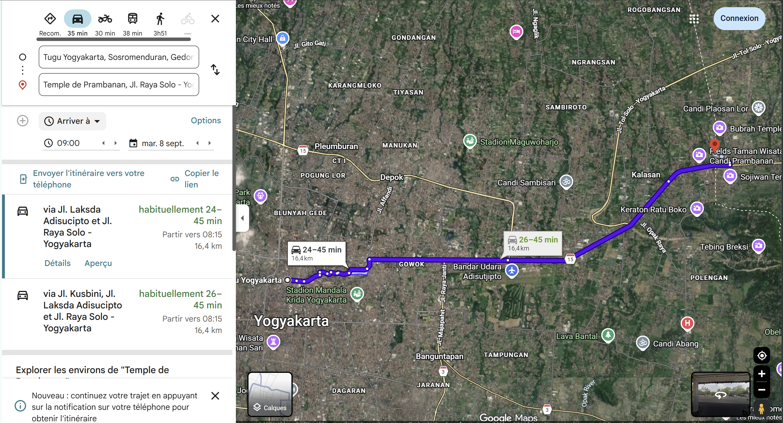Itinéraire Google Maps en voiture depuis la gare de Tugu Yogyakarta jusqu'à Prambanan, 16,4 km, 24 à 45 min selon trafic, via Jl. Laksda Adisucipto et Jl. Raya Solo-Yogyakarta.