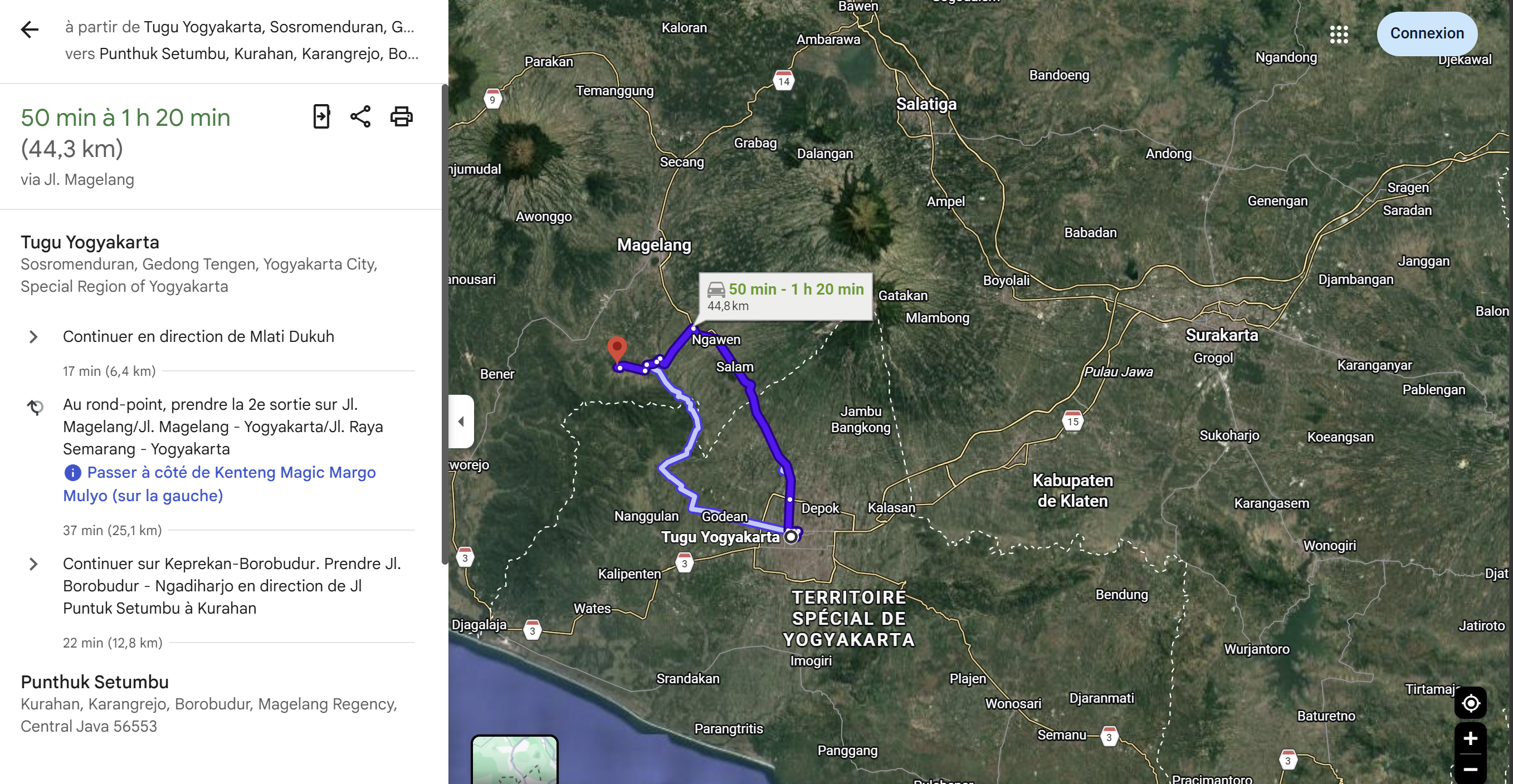 Itinéraire Google Maps en voiture depuis la gare de Tugu Yogyakarta jusqu'à Punthuk Setumbu, 44,3 km, 50 min à 1 h 20 selon trafic, via Jl. Magelang.