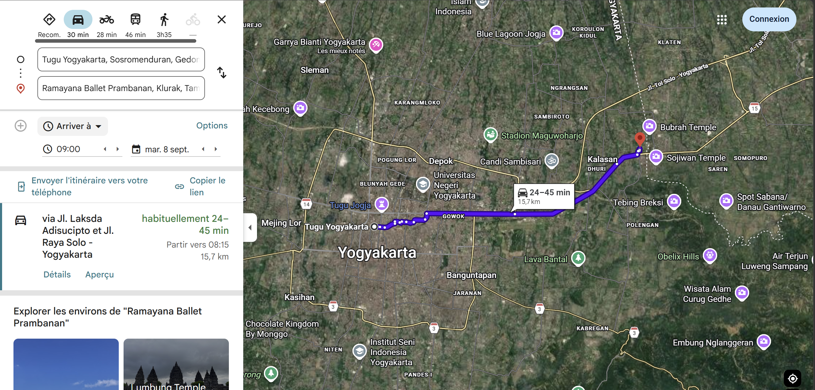 Itinéraire Google Maps en voiture depuis la gare de Tugu Yogyakarta jusqu'au théâtre du Ramayana Ballet, 15,7 km, 24 à 45 min selon trafic, via Jl. Laksda Adisucipto et Jl. Raya Solo-Yogyakarta.