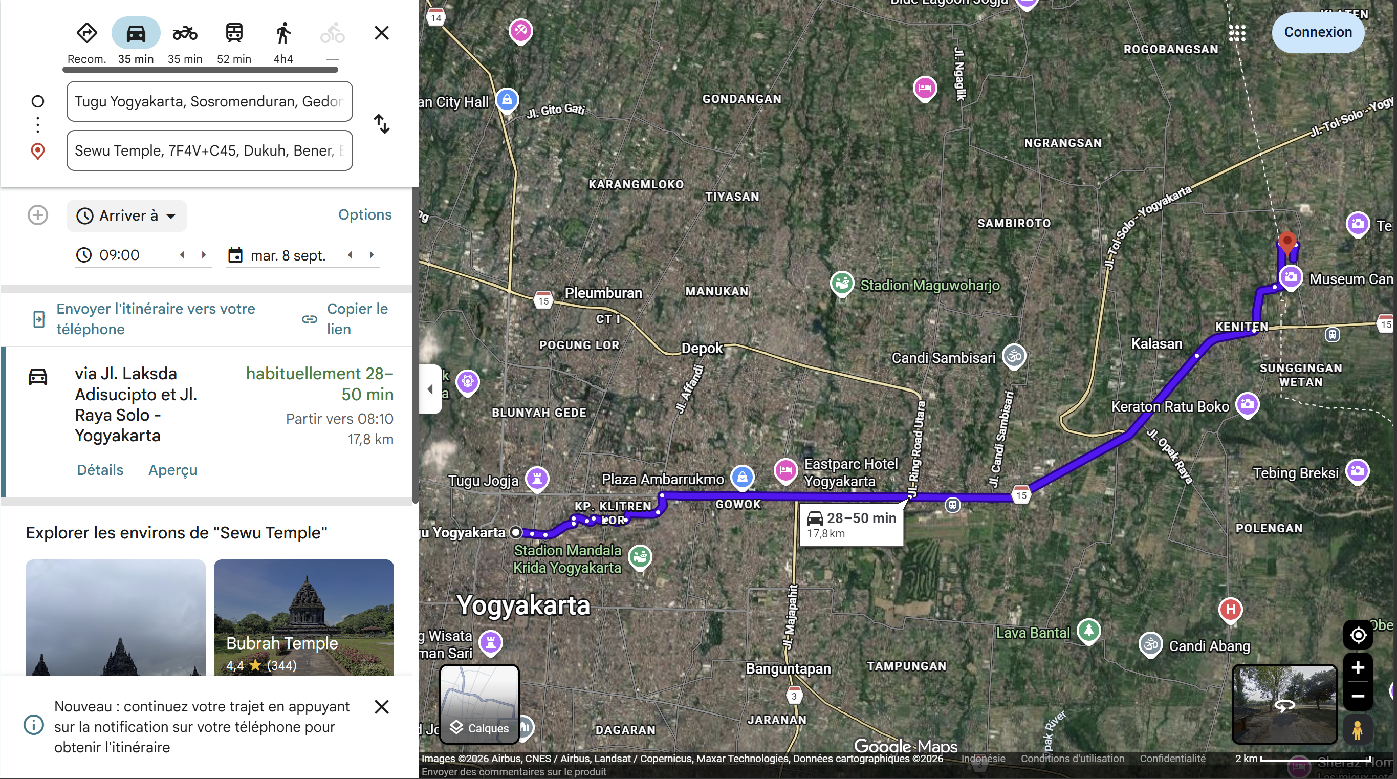 Itinéraire Google Maps en voiture depuis la gare de Tugu Yogyakarta jusqu'à Candi Sewu, 17,8 km, 28 à 50 min selon trafic, via Jl. Laksda Adisucipto et Jl. Raya Solo-Yogyakarta.