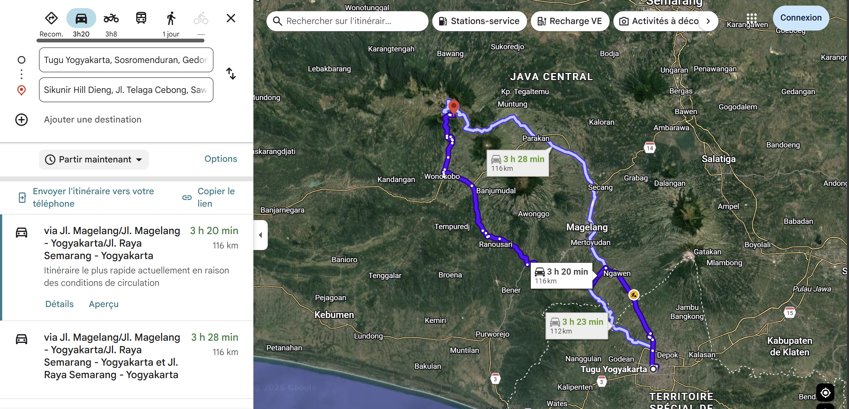 Itinéraire Google Maps en voiture depuis la gare de Tugu Yogyakarta jusqu'à Sikunir Hill Dieng, 116 km, 3 h 20 à 3 h 28 selon trafic, via Jl. Magelang.