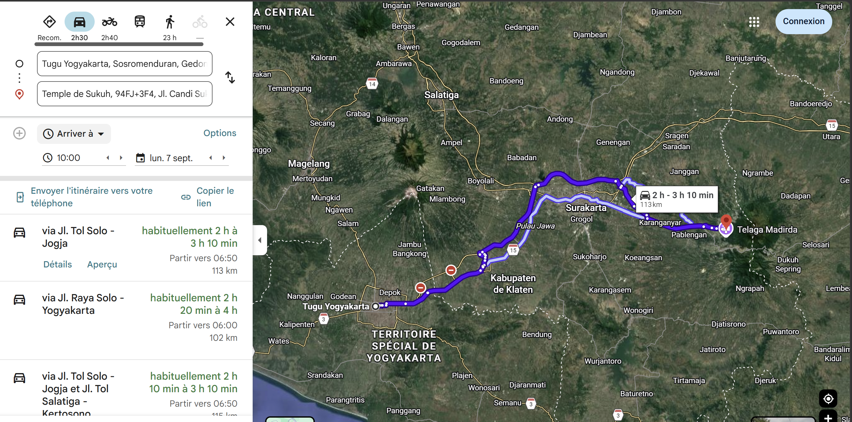 Itinéraire Google Maps en voiture depuis la gare de Tugu Yogyakarta jusqu'à Candi Sukuh, 102 à 115 km, 2 h à 3 h 10 selon trafic, via l'autoroute Tol Solo-Jogja.