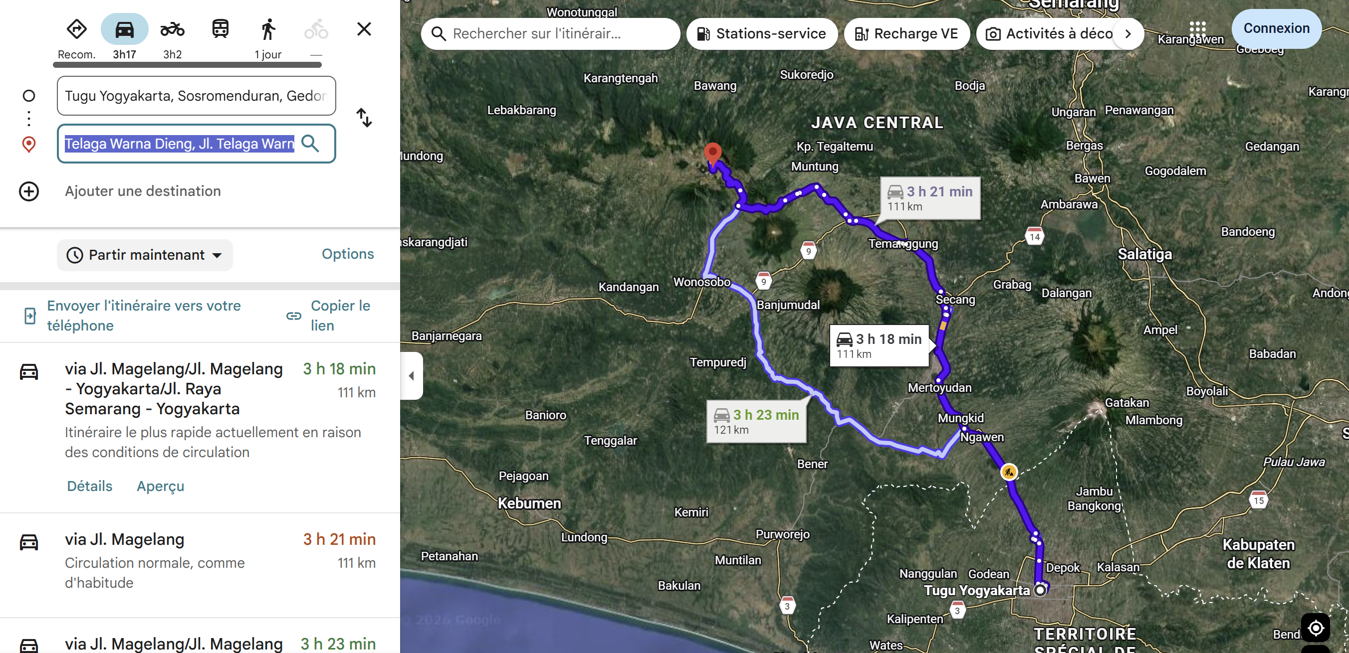 Itinéraire Google Maps en voiture depuis la gare de Tugu Yogyakarta jusqu'à Telaga Warna, 111 à 121 km, 3 h 17 à 3 h 23 selon trafic, via Jl. Magelang.