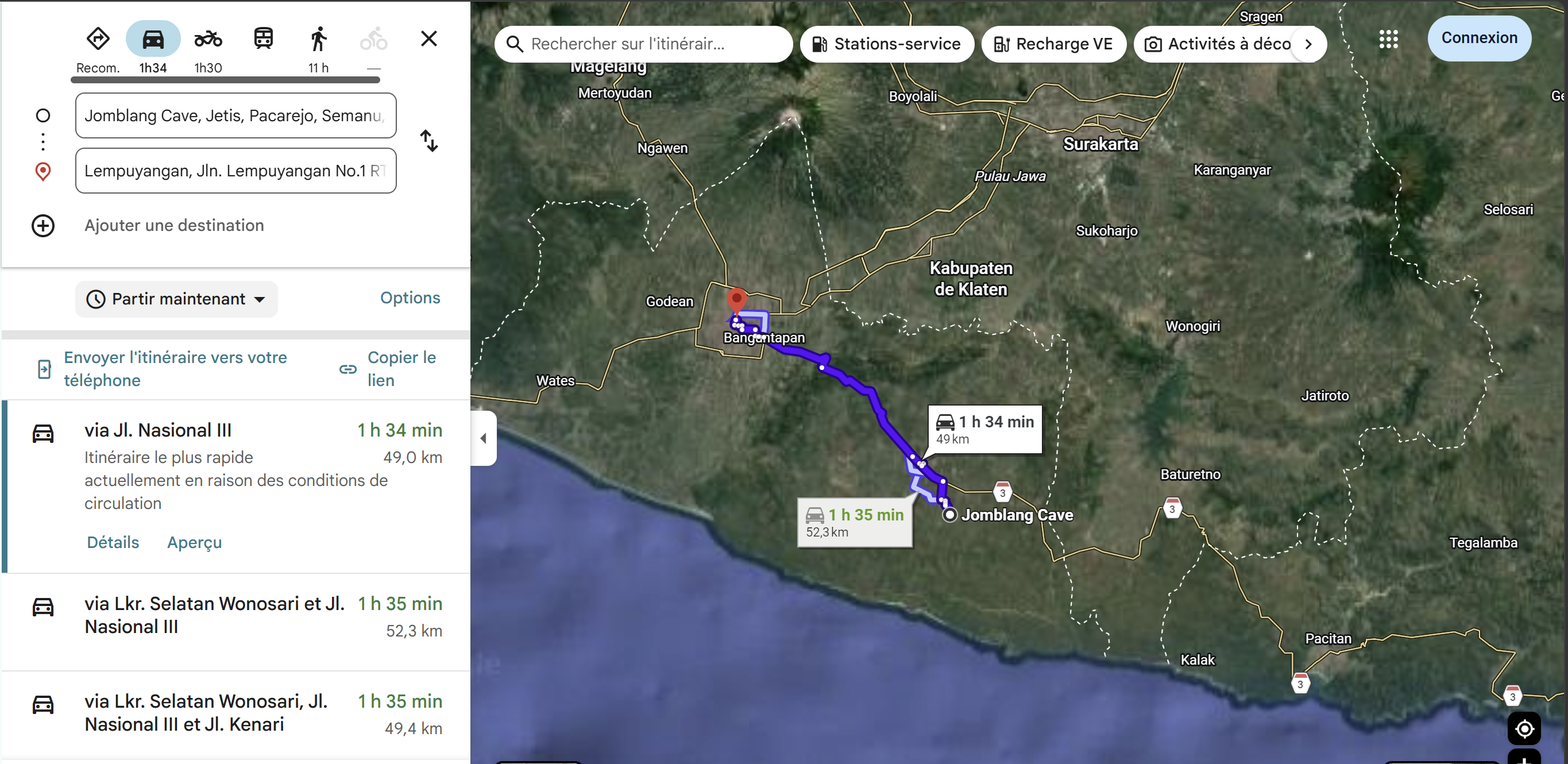 Itinéraire Google Maps en voiture entre Goa Jomblang et la gare de Lempuyangan, 49 à 52,3 km, 1 h 34 à 1 h 35 selon trafic, via Jl. Nasional III.