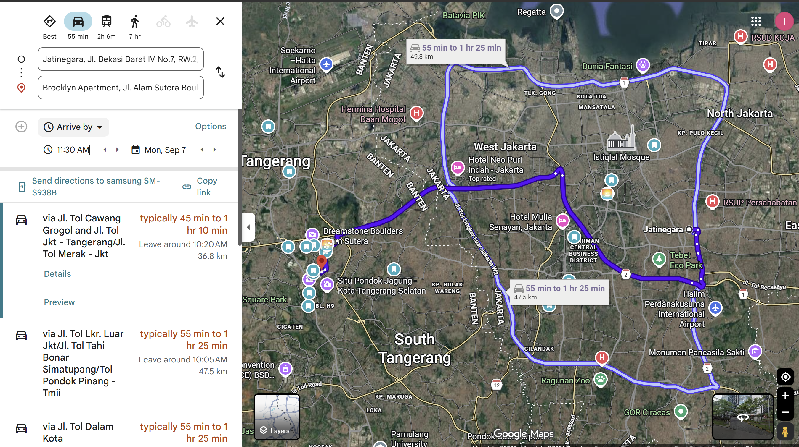 Itinéraire Google Maps de Jatinegara à Brooklyn Apartment (Alam Sutera), sens retour utilisé pour caler l'heure de départ : 36,8 km, 45 min à 1h10 via Jl. Tol Cawang Grogol et Jl. Tol Merak, arrivée visée 11h30, départ conseillé vers 10h20.
