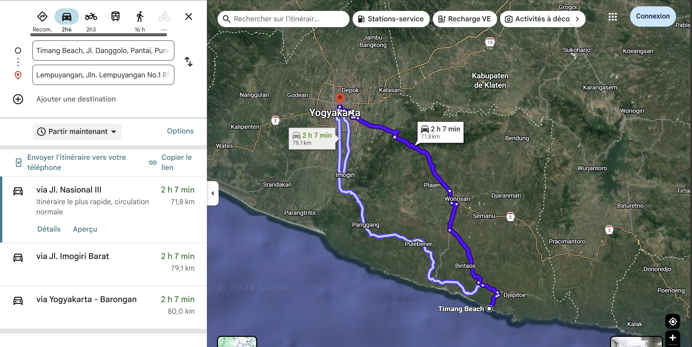 Itinéraire Google Maps en voiture entre Pantai Timang et la gare de Lempuyangan, 71,8 à 80 km, 2 h 6 à 2 h 7 selon trafic, via Jl. Nasional III.